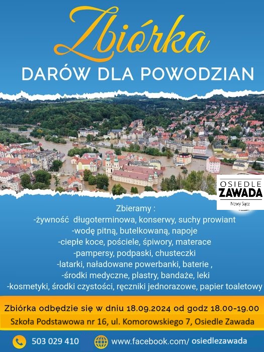 Zbiórka darów dla powodzian – informacja Zarządu Osiedla Zawada